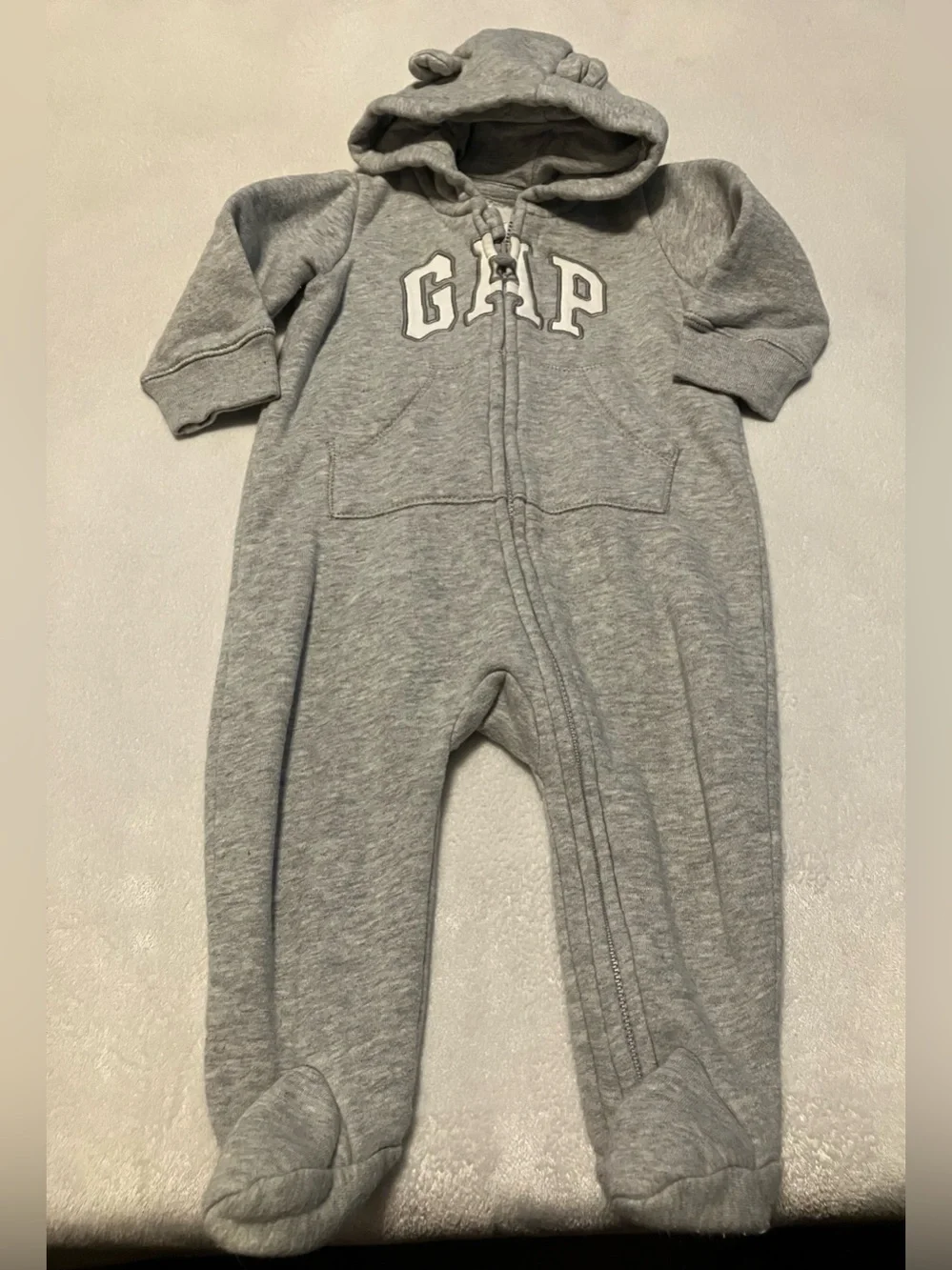 GAP Light Gray Hooded Footed One-Piece Romper